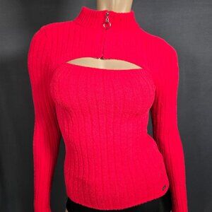 Y2K Red Ribbed Sweater Size XS Cut Out Zipper Mock Neck Office Siren Mod
